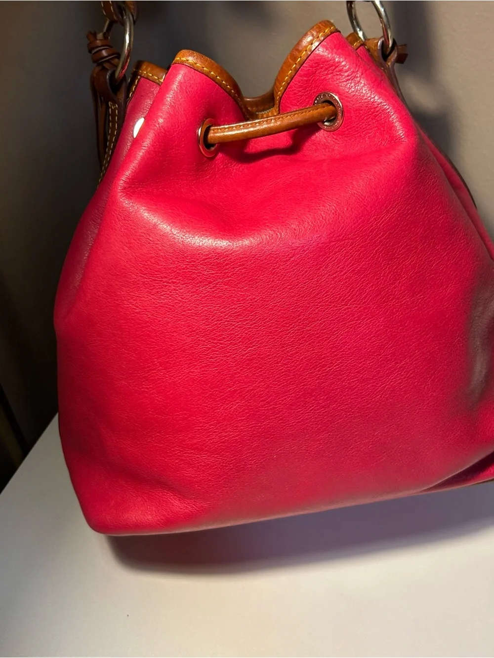 Dooney & Bourke Leather Drawstring Bucket Bag with Pouch in Fuschia Pink